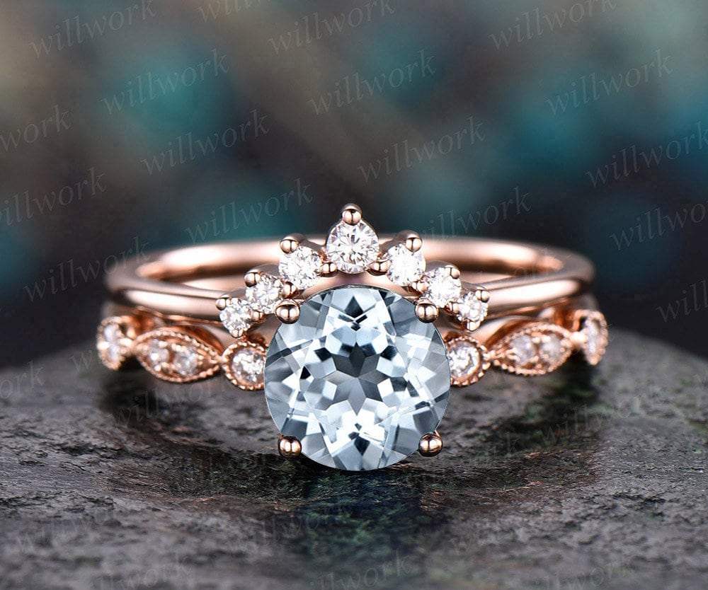 2Pc Aquamarin Ring Gold Vintage Verlobungsring Set Rose Marquise Diamant Krone Passende Stapeln Hochzeit Braut von willwork