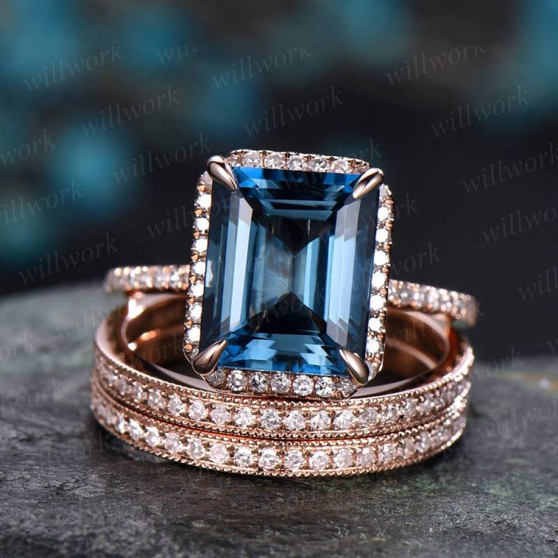 3 Stück Smaragd Geschnitten London Blauer Topas Verlobungsring 14K Rosegold Topaz Hochzeit Braut Set Diamant Halo Verlobung November Geburtsstein von willwork