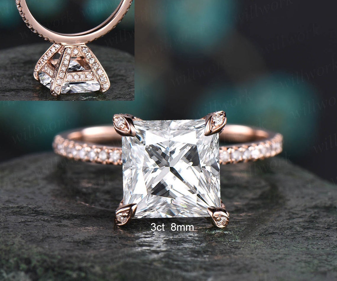 4Ct Moissanit Ring Vintage Prinzessin Cut Verlobungsring 14K Roségold Unikat Pyramide Unter Heiligenschein Korb Diamant Frauen Sie von willwork