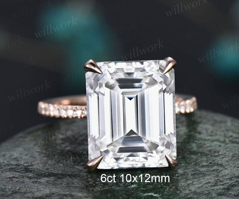 6 Karat 10 X 12 Mm Moissanite Verlobungsring 14K Roségold Im Smaragdschliff Unter Halo Korb Diamant Ring Unikat Hochzeit Versprechen Frauen Schmuck von willwork