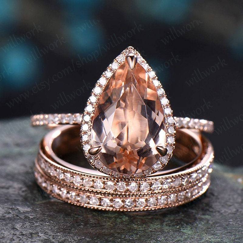 8 X 12 Mm Morganit Verlobungsring Set 14K Roségold Vintage Halo Halbe Ewigkeit Diamant Versprechen Braut Ehering Für Frauen von willwork