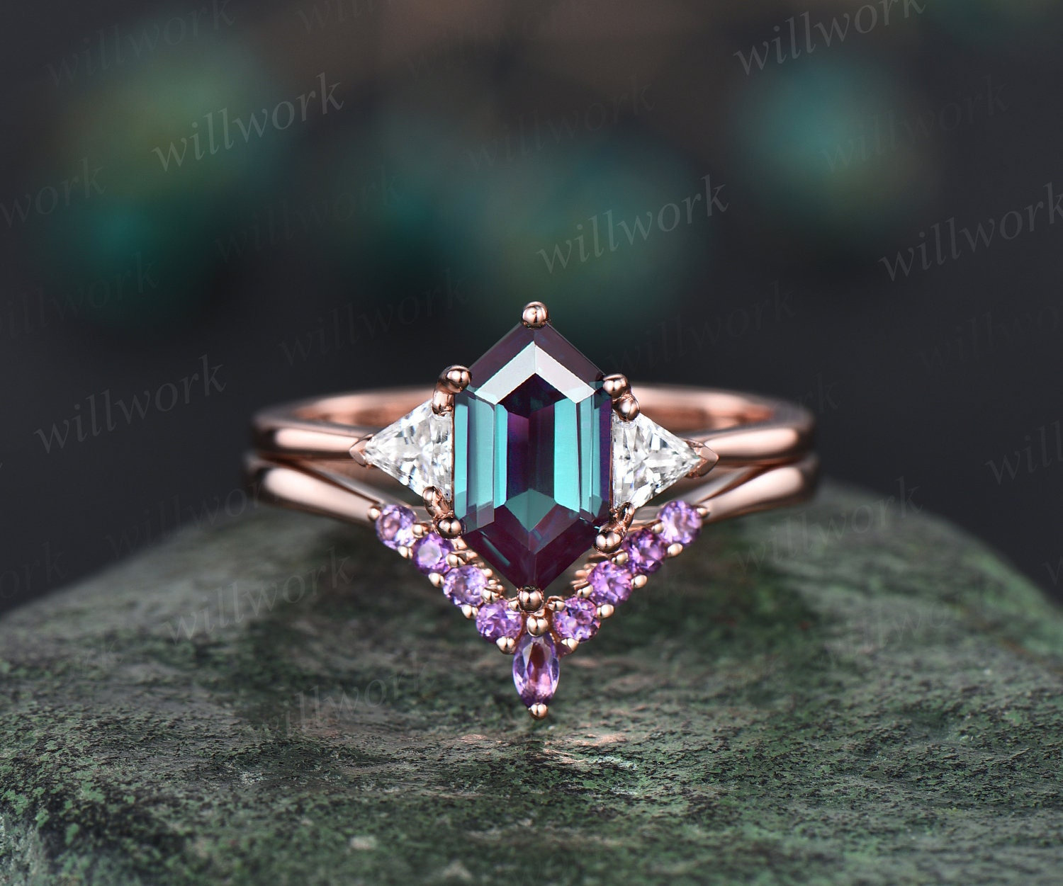 Alexandrit Ehering Set Lange Hexagon Schliff Verlobungsring Drei Stein Roségold Amethyst Ring Moissanit Versprechen Frauen von willwork