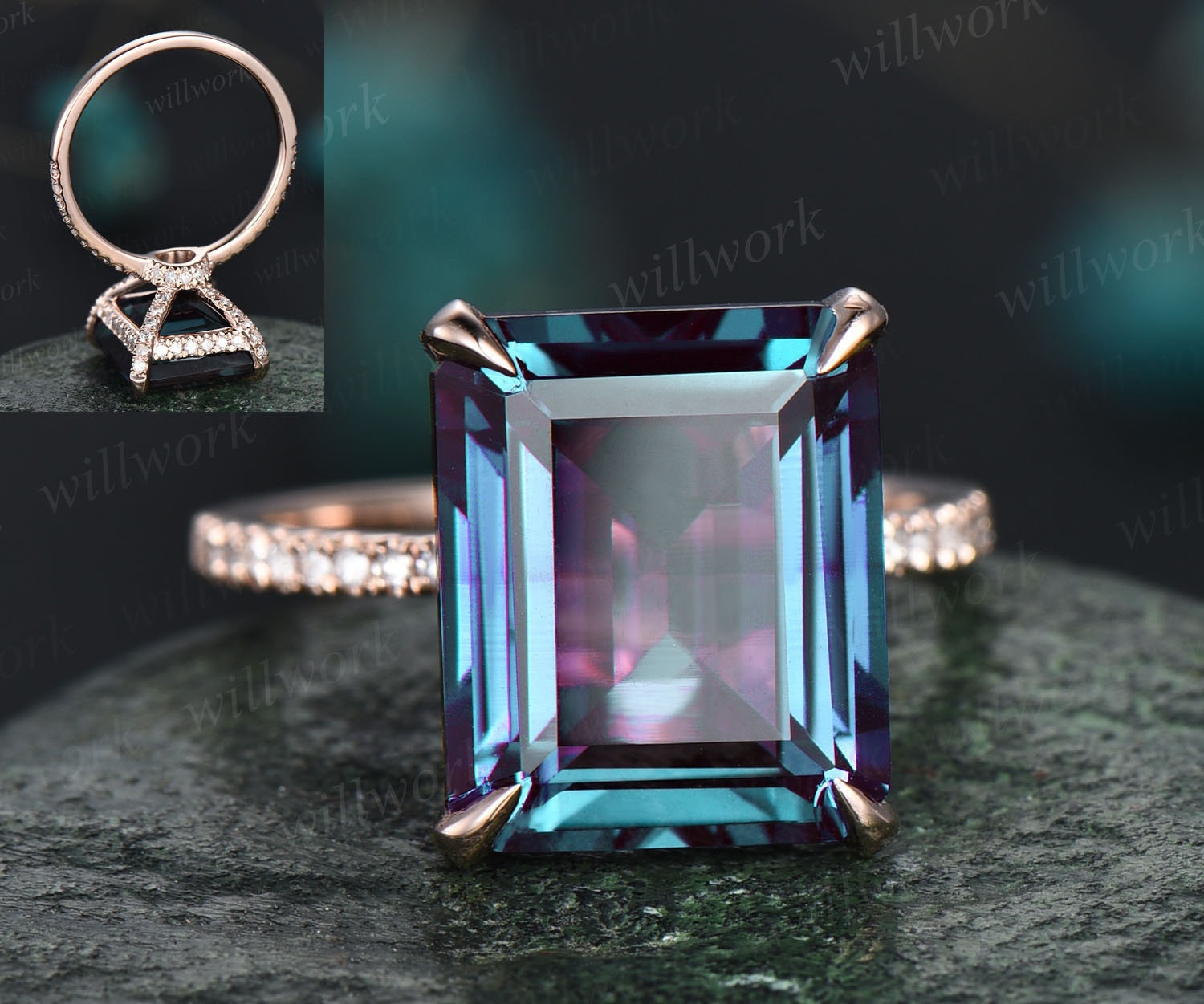 Alexandrit Ring Vintage Unikat Smaragdschliff Verlobungsring Für Frauen Unter Heiligenschein Korb Diamant Roségold Zierliche Schmuck von willwork