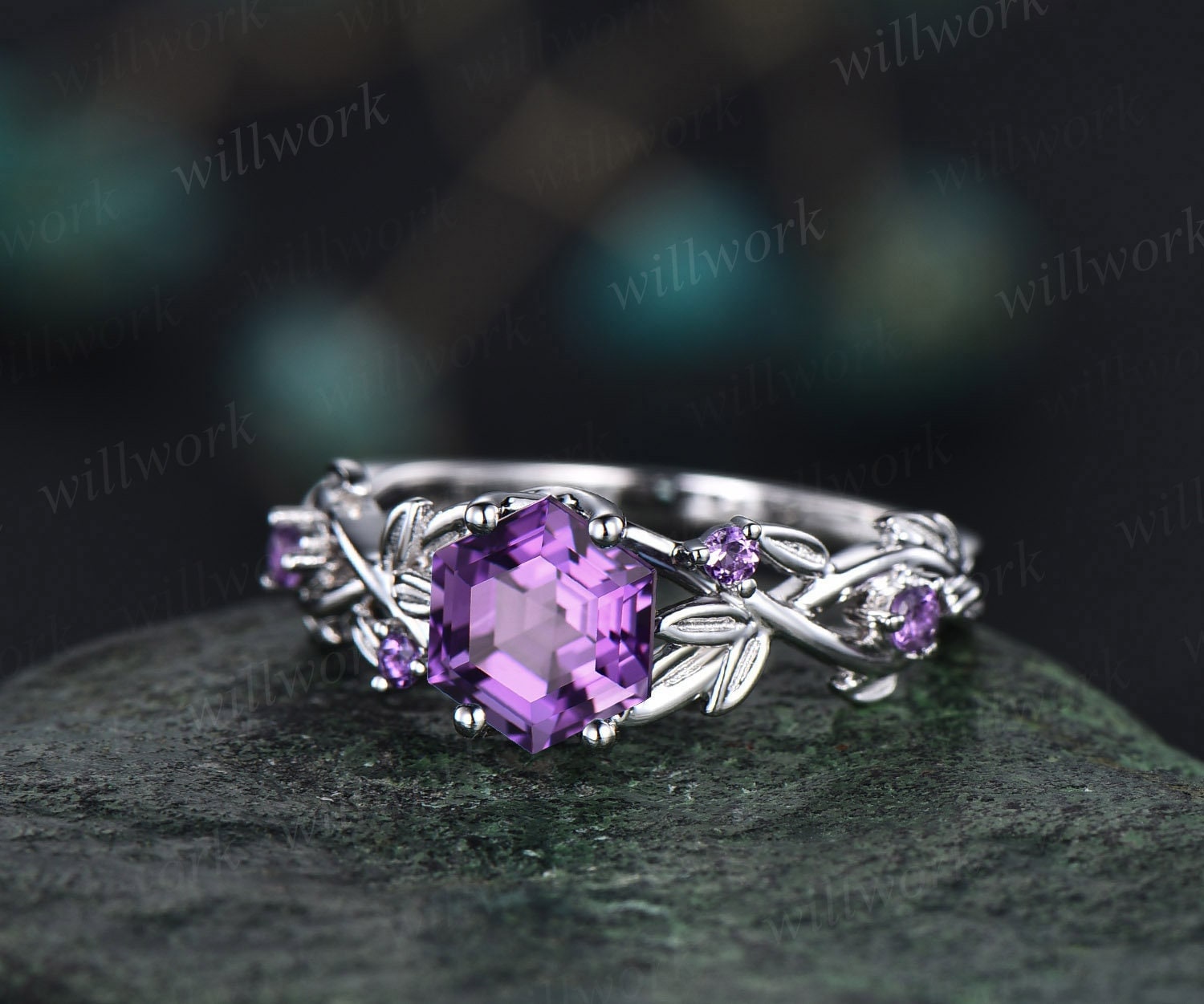 Amethyst Ring Vintage Hexagon 14K Weißgold Verlobungsring Blattring Gedrehter Ehering Frauen Februar Geburtsstein Geschenk von willwork