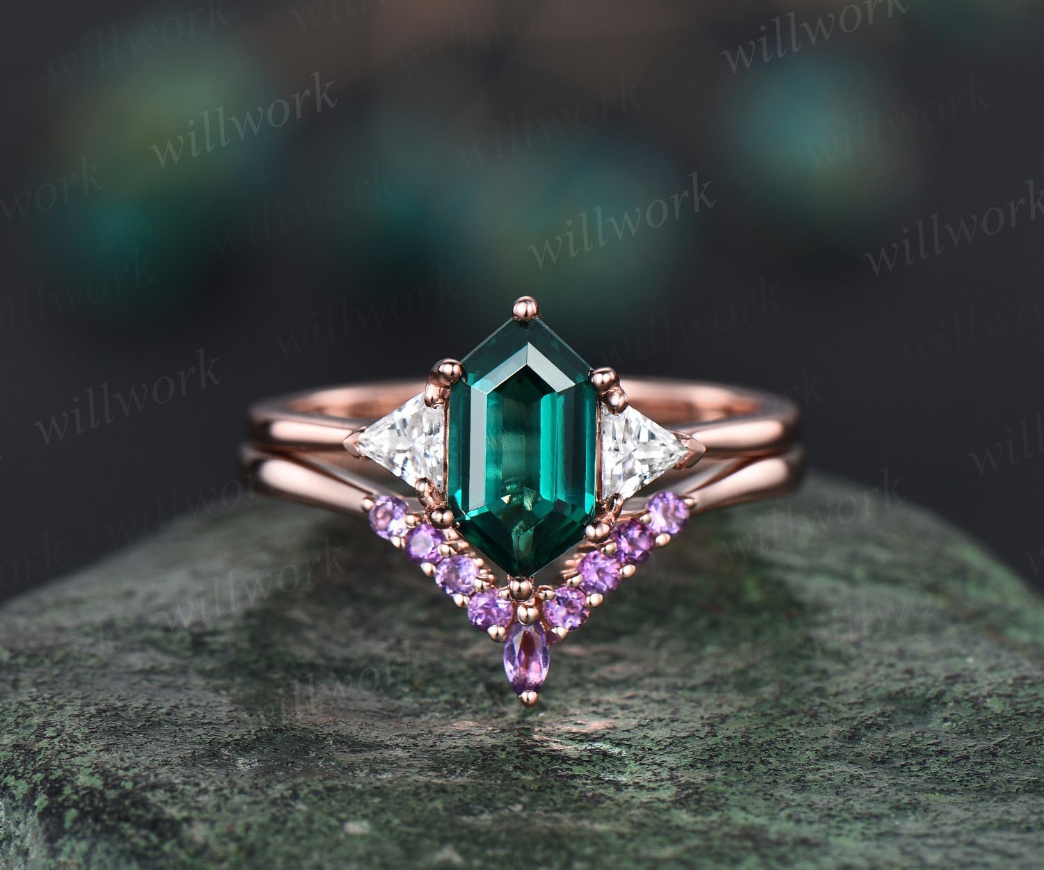 Amethyst-Smaragd-Ring-Set Für Damen, Vintage-Verlobungsring-Set Mit Drei Steinen, Massives 14-Karat-Roségold, 6 Zinken von willwork