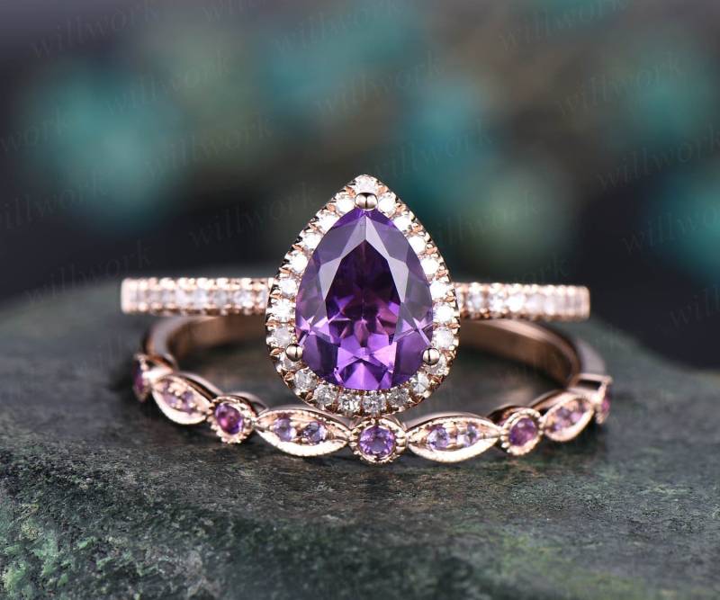 Amethyst Verlobungsring Massiv 14K Weissgold Rosegold Birnenschliff Hochzeitring 2Tlg Brautschmuck Set Geburtsstein Jahrestagsgeschenk von willwork
