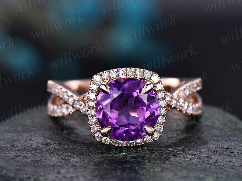 Amethyst Verlobungsring Roségold Diamant Halo Ring Februar Geburtsstein Unendlichkeit Verdreht Einzigartiger Schmuck Jahrestag Hochzeit Versprechen von willwork