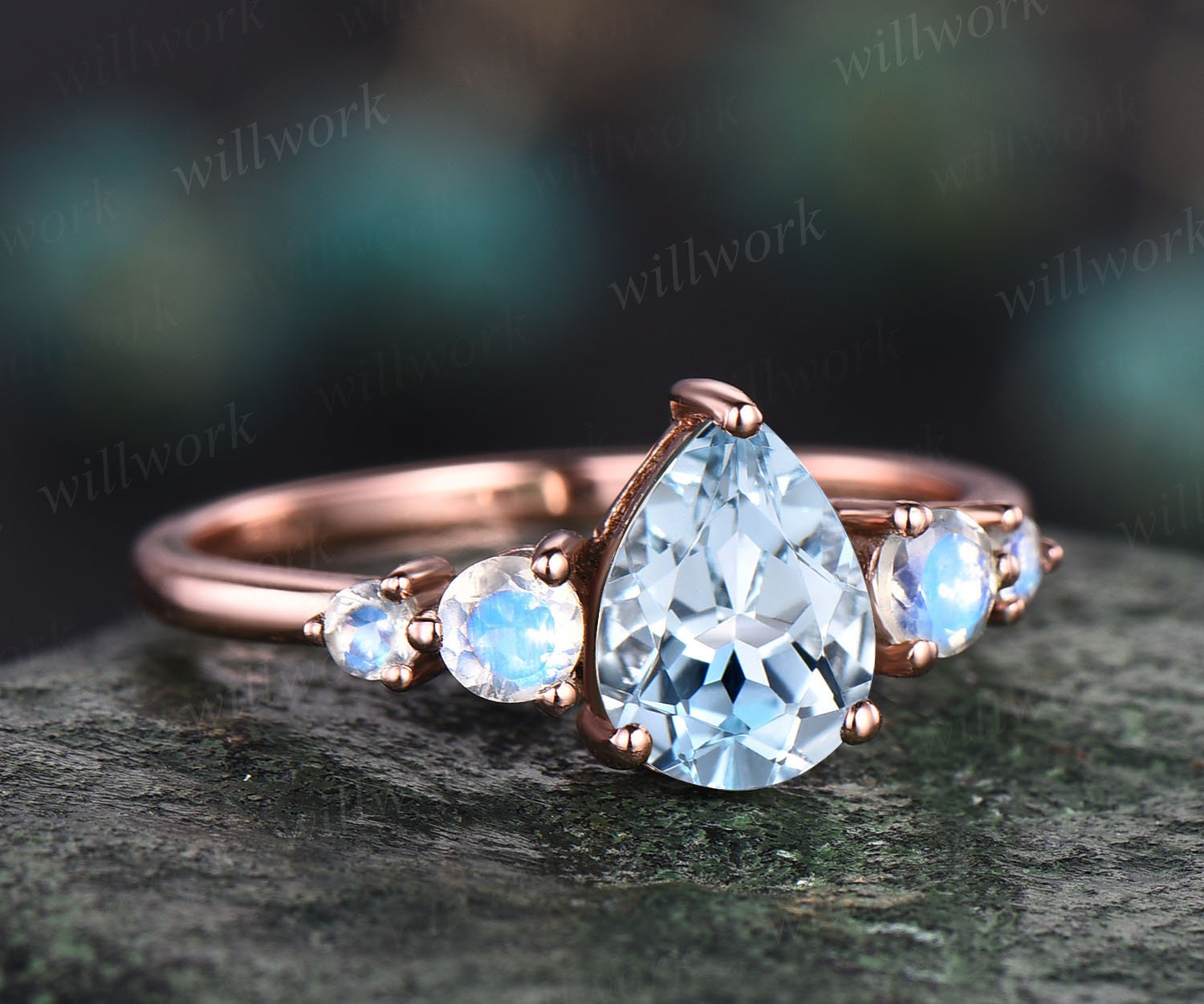 Aquamarin Ring Minimalistisch Vintage Birne Verlobungsring Fünf Stein Mondstein Für Frauen Rosegold Sterling Silber Brautring von willwork