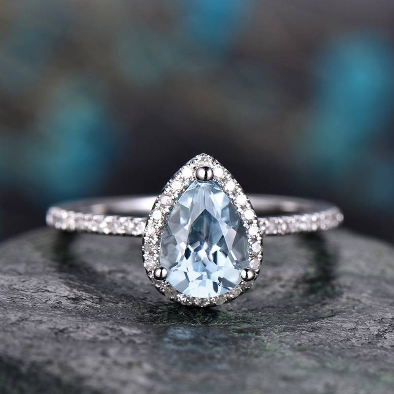 Aquamarin Verlobungsring-Solid 14 K Weißgold-Handgemachte Diamant Band Ring-stacking Dünnen Ring-6x8mm Birne Form Edelstein Versprechen Ring von willwork
