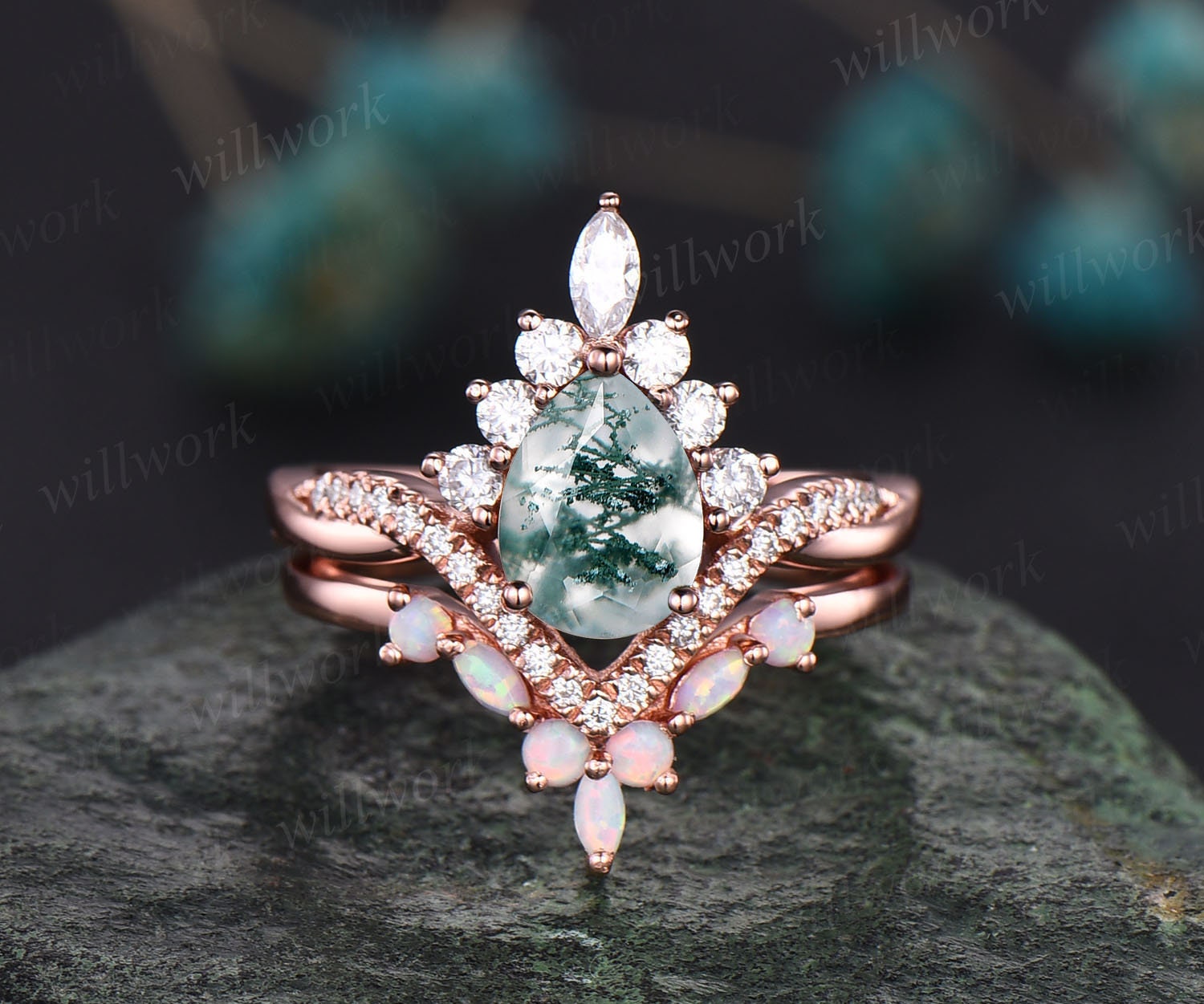 Art-Deco-Halo-Marquise Einzigartige Vintage Grün Moos Achat Verlobungsring Set Rose Gold Opal Ring Frauen Moissanite Jahrestag Geschenk von willwork