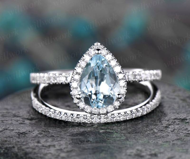 Birne Geschnitten Aquamarin Verlobungsring Set 14 K Weißgold 2Pc Diamant Halo Ring Passende Antike Schmuck Geschenk Hochzeit Braut Versprechen von willwork