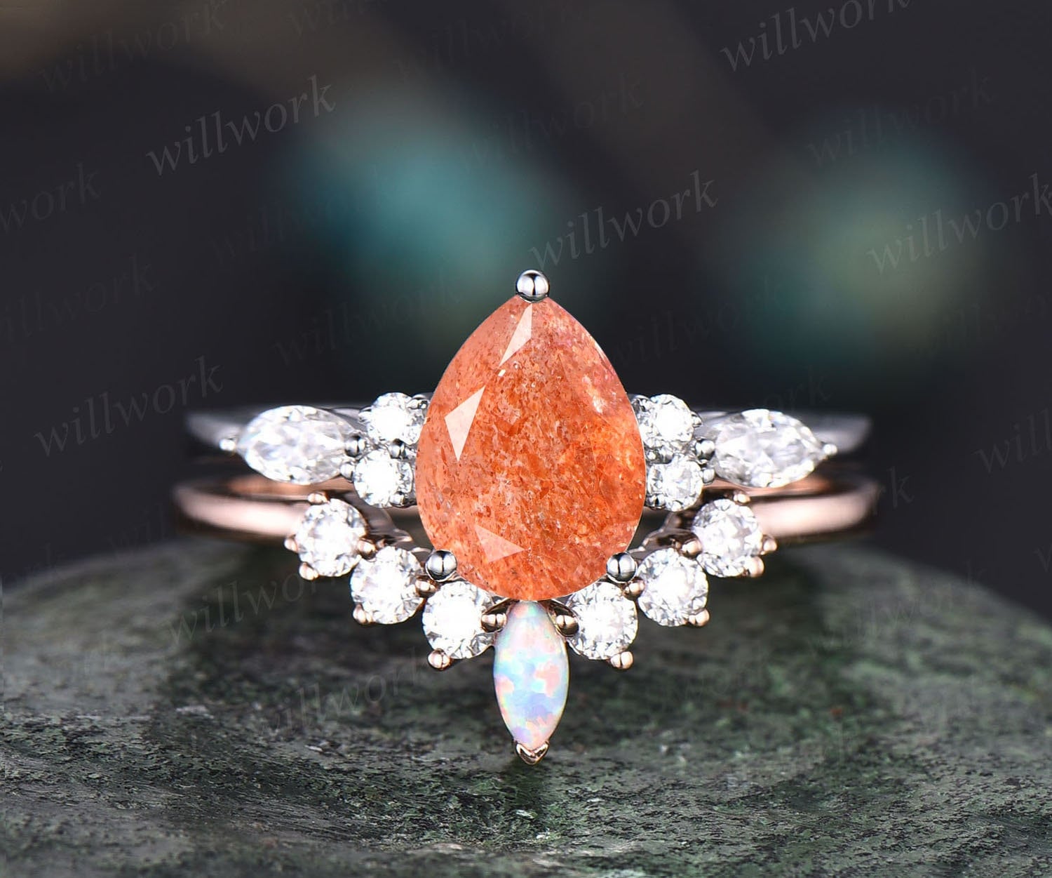 Birnenförmiger Oranger Sonnenstein Ring Gold Vintage Einzigartiger Verlobungsring Set Art Deco Opal Moissanit Brautring Frauen von willwork