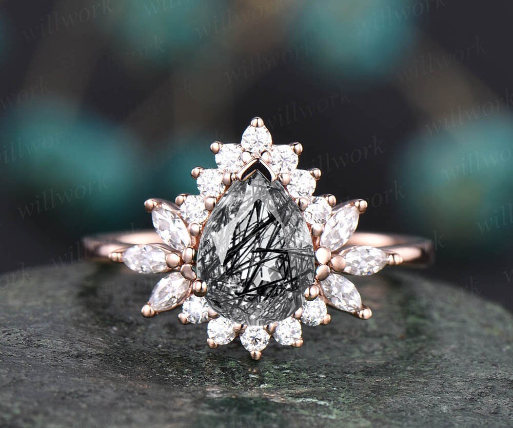 Birnenschliff Schwarz Rutilquarz Verlobungsring Vintage Stil Verlobungsringe 14K Roségold Art Deco Ring Cluster Halo Moissanit Geschenk von willwork