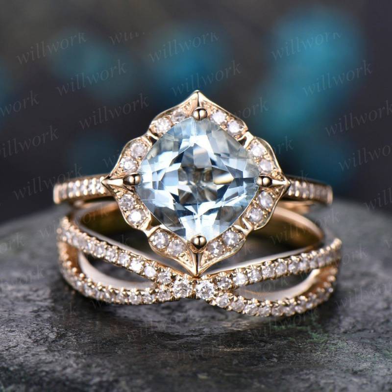 Blaue Aquamarin Verlobungsring Set Solide 14 K Gelbgold Handgemachte Diamant Ehering 2Pc Stapeln Ring Floral Versprechen Braut Ring von willwork