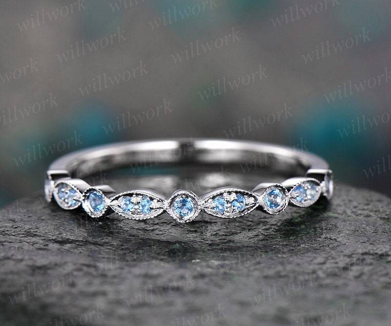 Blauer Topas Ehering Weißgold Halbe Ewigkeit Art-Deco-Marquise Verlobungsgeschenk Passende Braut Versprechen Stapelring von willwork
