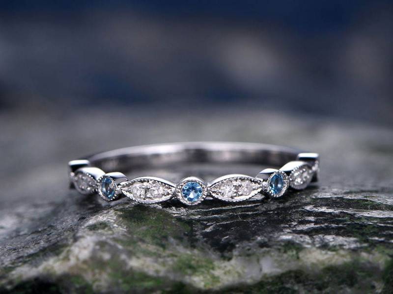 Blauer Topas-Trauring 14K Weißgold Diamant Ring Halbe Ewigkeit Art-Deco Marquise Passenden Ehering Braut Jahrestag Versprechen von willwork