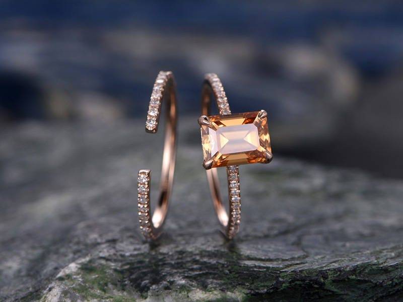 Citrin Verlobungsring Set-Massiver 14 Karat Roségold-Handgemachter Diamant Ehering-2Pc Stacking Ring-6x8mm Smaragdschliff Edelstein-Gelber von willwork