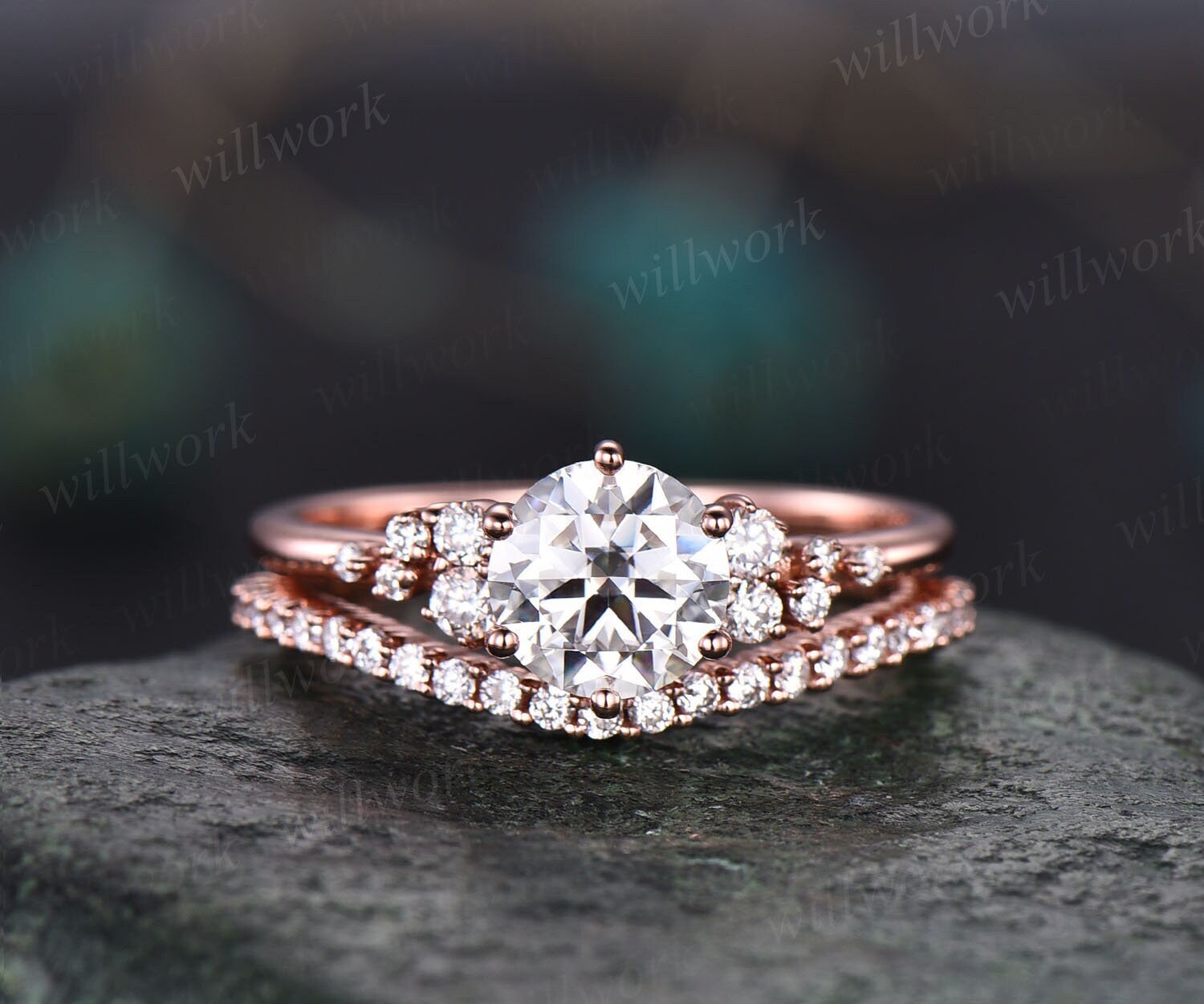 Cluster Vintage Moissanit Verlobungsring Set Roségold Halb Ewigkeit Rund Geschnitten Ehering Unikat Jubiläum Ring Für Sie Frauen von willwork