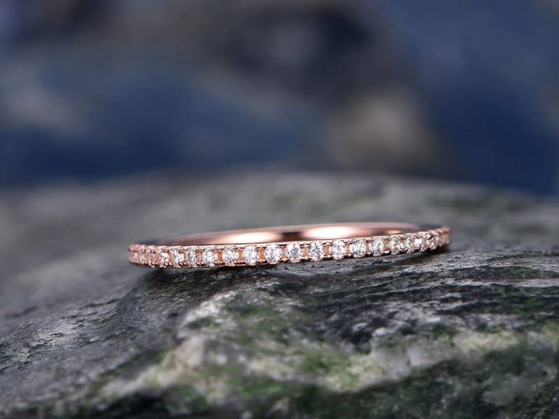 Diamant-Hochzeit Ring-Solid 14 K Rose Gold-Handgemachte Diamant Stapeln Ring-Full Ewigkeit Band - 1mm Dünne Passende Band-Kleine Runde Geschnitten von willwork