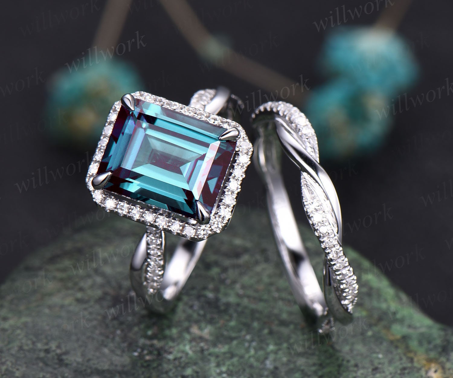 Einzigartiger Alexandrit Ring Vintage Smaragdschliff Verlobungsring Set Weißgold Halo Infinity Diamant Für Frauen Ehering von willwork