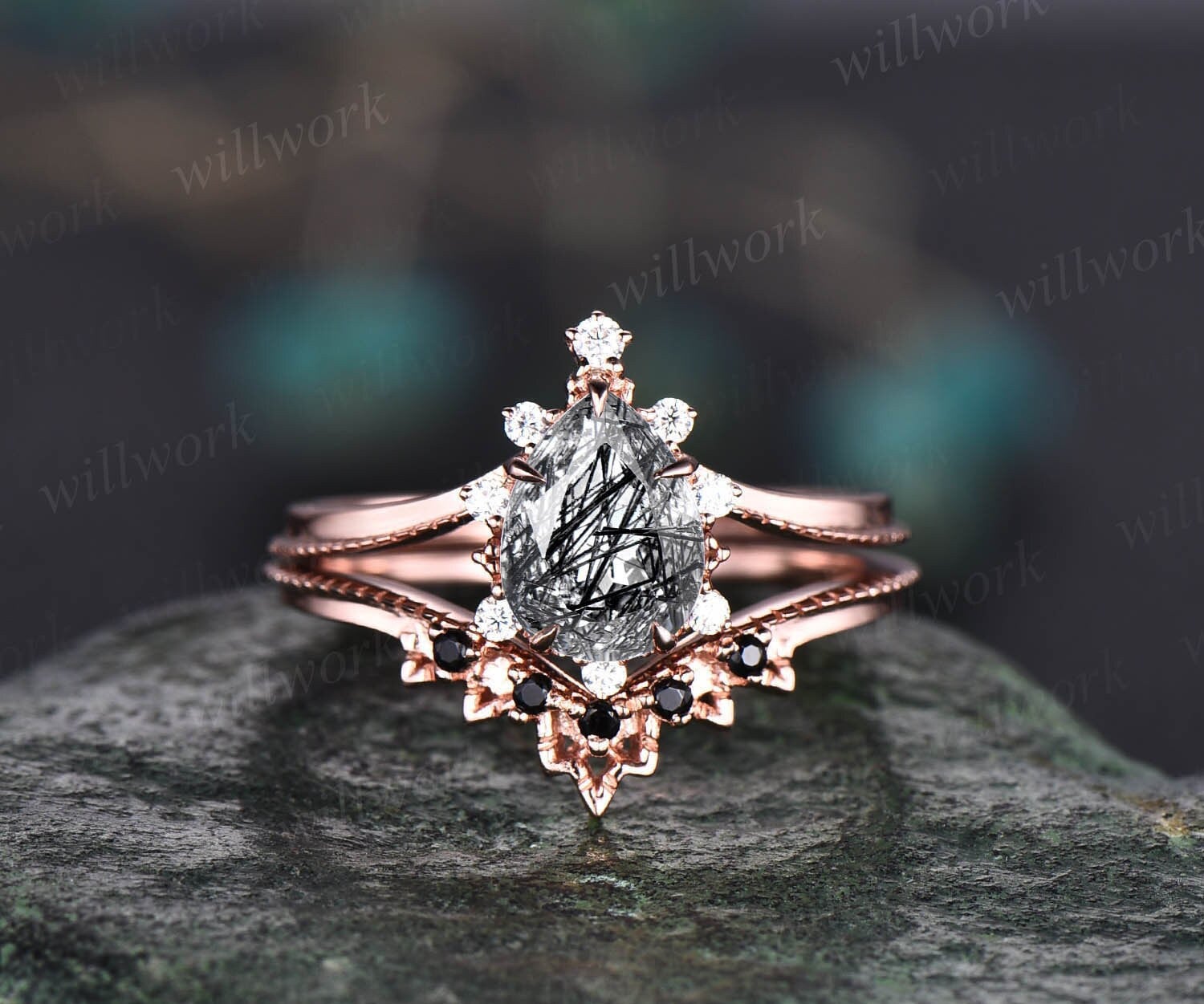 Einzigartiger Birnenförmiger Schwarzer Rutilquarz Verlobungsring Set Roségold Diamant Ring Vintage Moissanit Jubiläumsring Damen von willwork