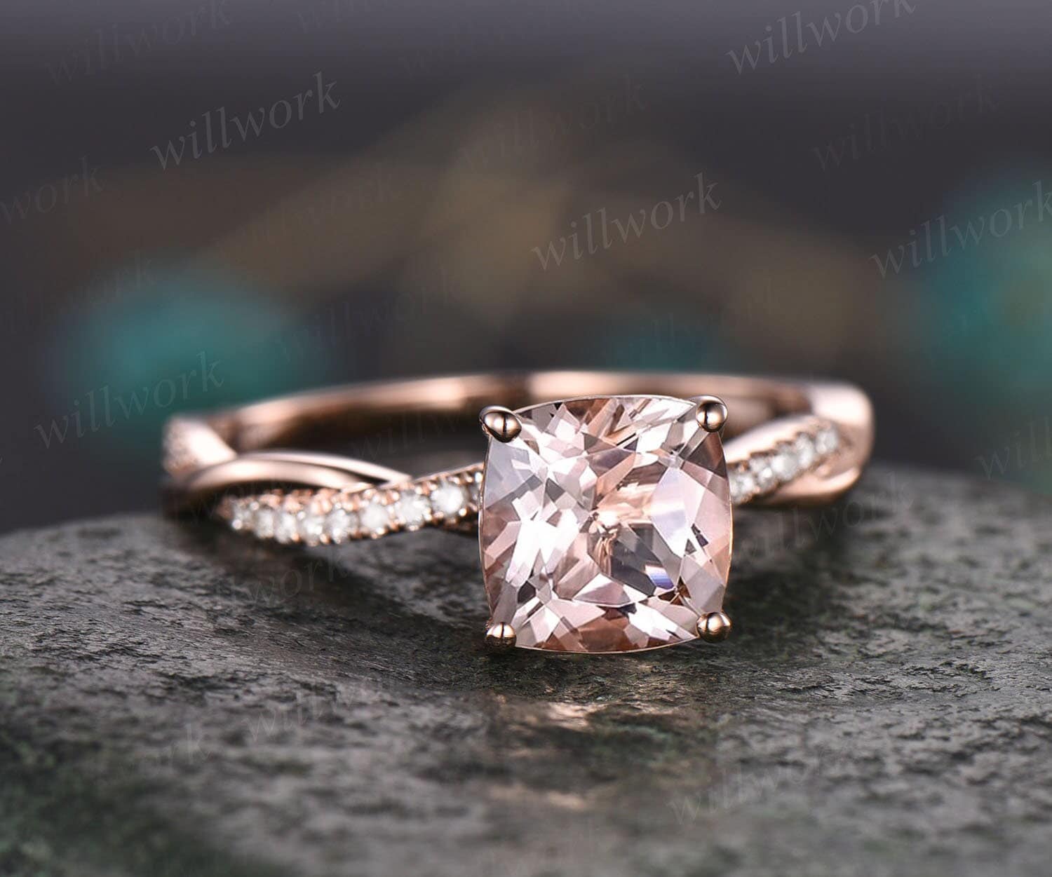 Einzigartiger Geschnittener Morganit Verlobungsring Für Frauen Solid 14K Roségold Eternity Gedreht Diamant Jahrestag Ehering Feiner Schmuck von willwork