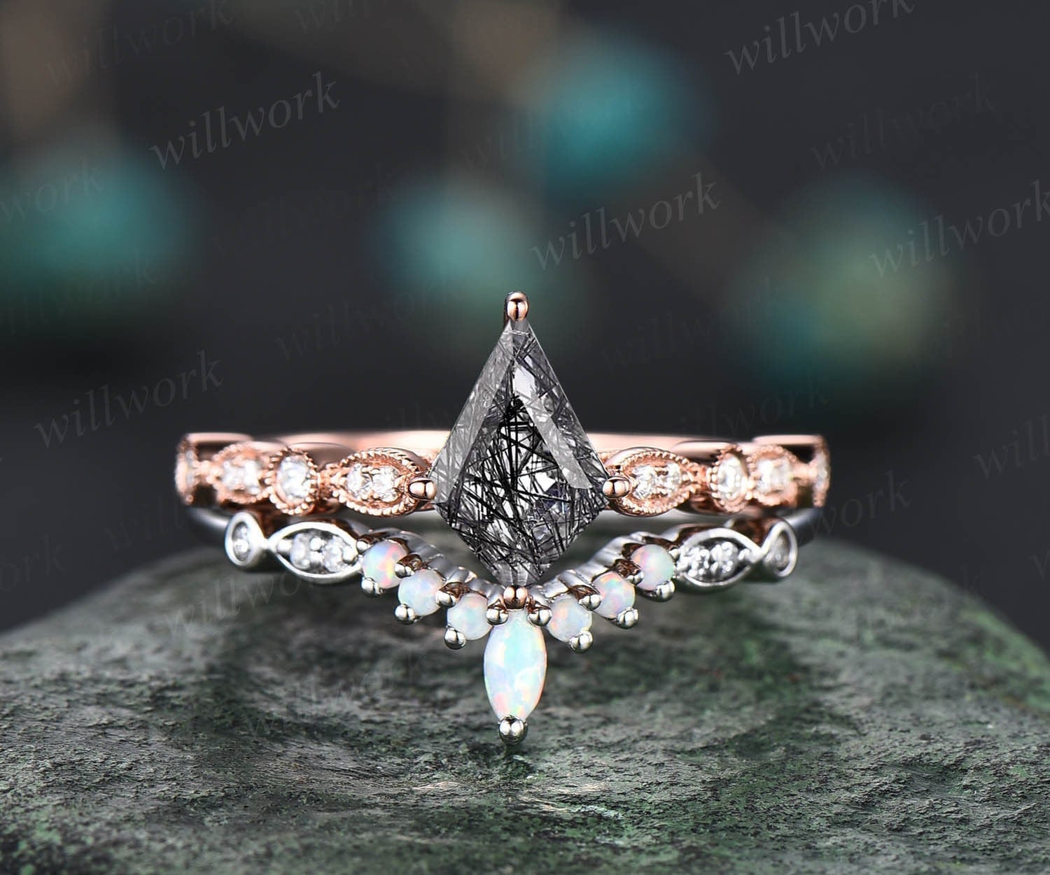 Einzigartiger Kite Cut Schwarzer Rutilquarz Verlobungsring Set Roségold Art Deco Milgrain Diamant Ring Vintage Opal Ehering Für Frauen von willwork