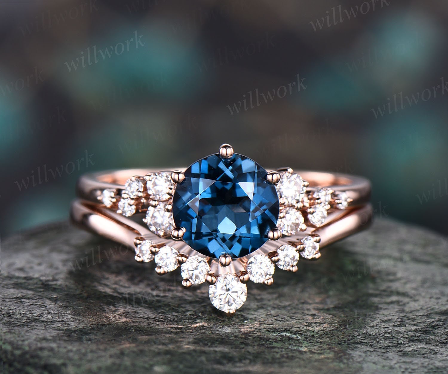 Einzigartiger Runder London Blautopas Verlobungsring Set 14K Roségold Moissanit Ehering Topas Ring Für Frauen Jahrestag Geschenke von willwork