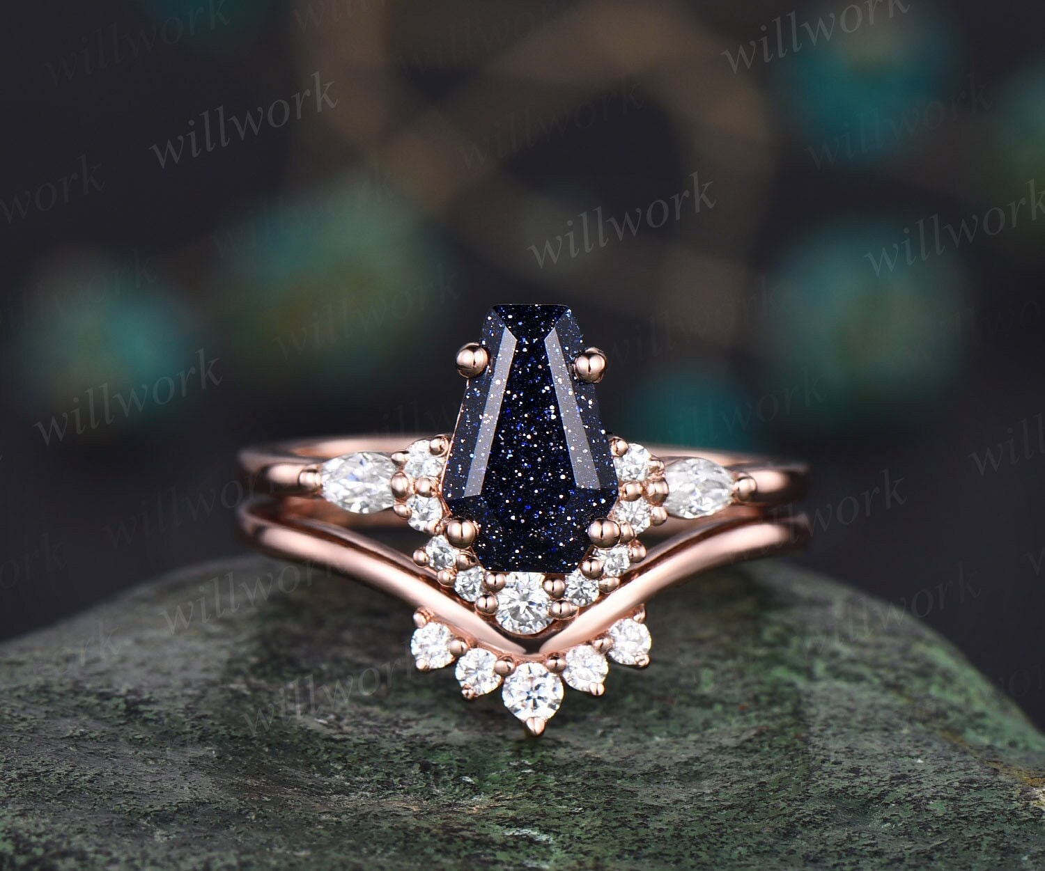 Einzigartiger Sargförmiger Blauer Goldstein Sandstein Verlobungsring Set Rosegold Marquise Diamant Moissanit Brautring Für Frauen von willwork