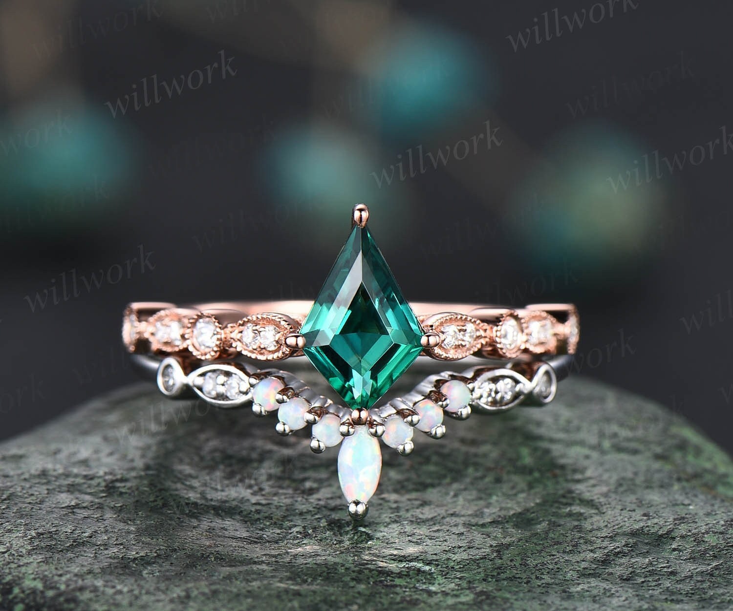 Einzigartiger Smaragd Verlobungsring Set Roségold Kiteförmiger Ring Art Deco Milgrain Diamant Vintage Opal Für Frauen Ehering von willwork