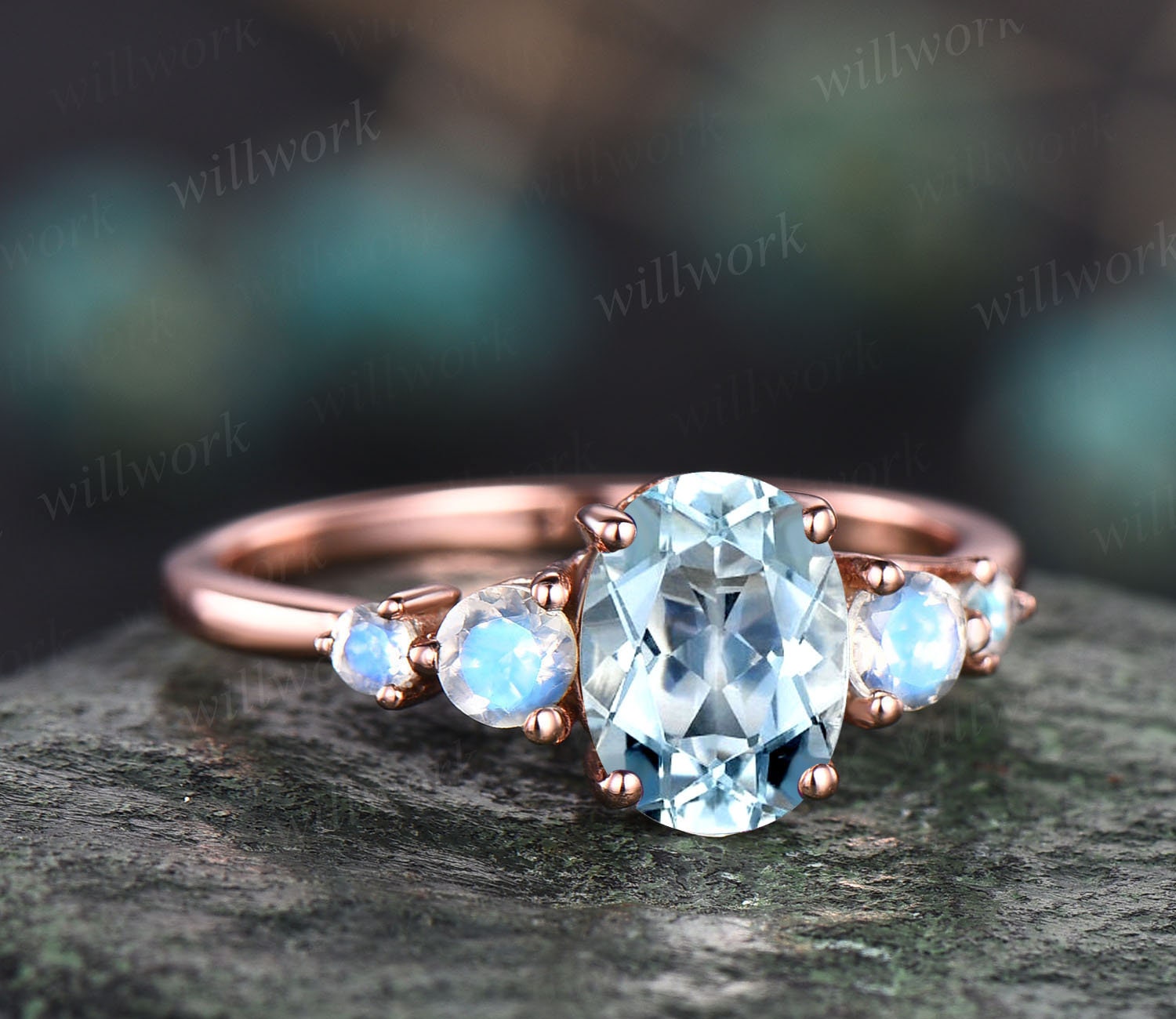 Einzigartiger Vintage Oval Geschliffener Aquamarin Verlobungsring Minimalistisch Fünf Stein Mondstein Ring Für Frauen 14K Rosegold Silber von willwork