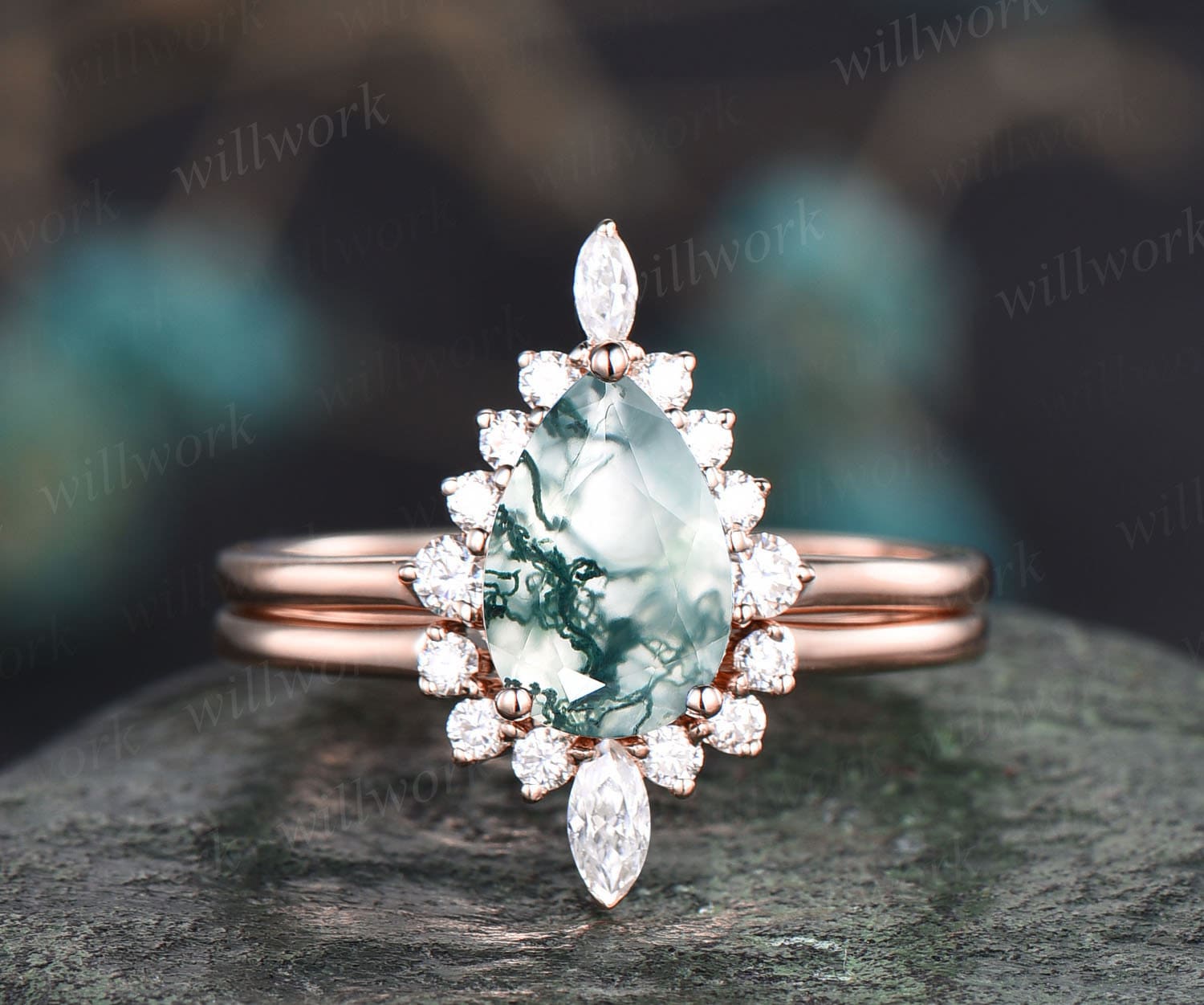 Einzigartiges Ehering Set Vintage Birne Förmige Grüne Moos Achat Verlobungsring Rosegold Art Deco Ring Halo Marquise Cut Moissanit von willwork