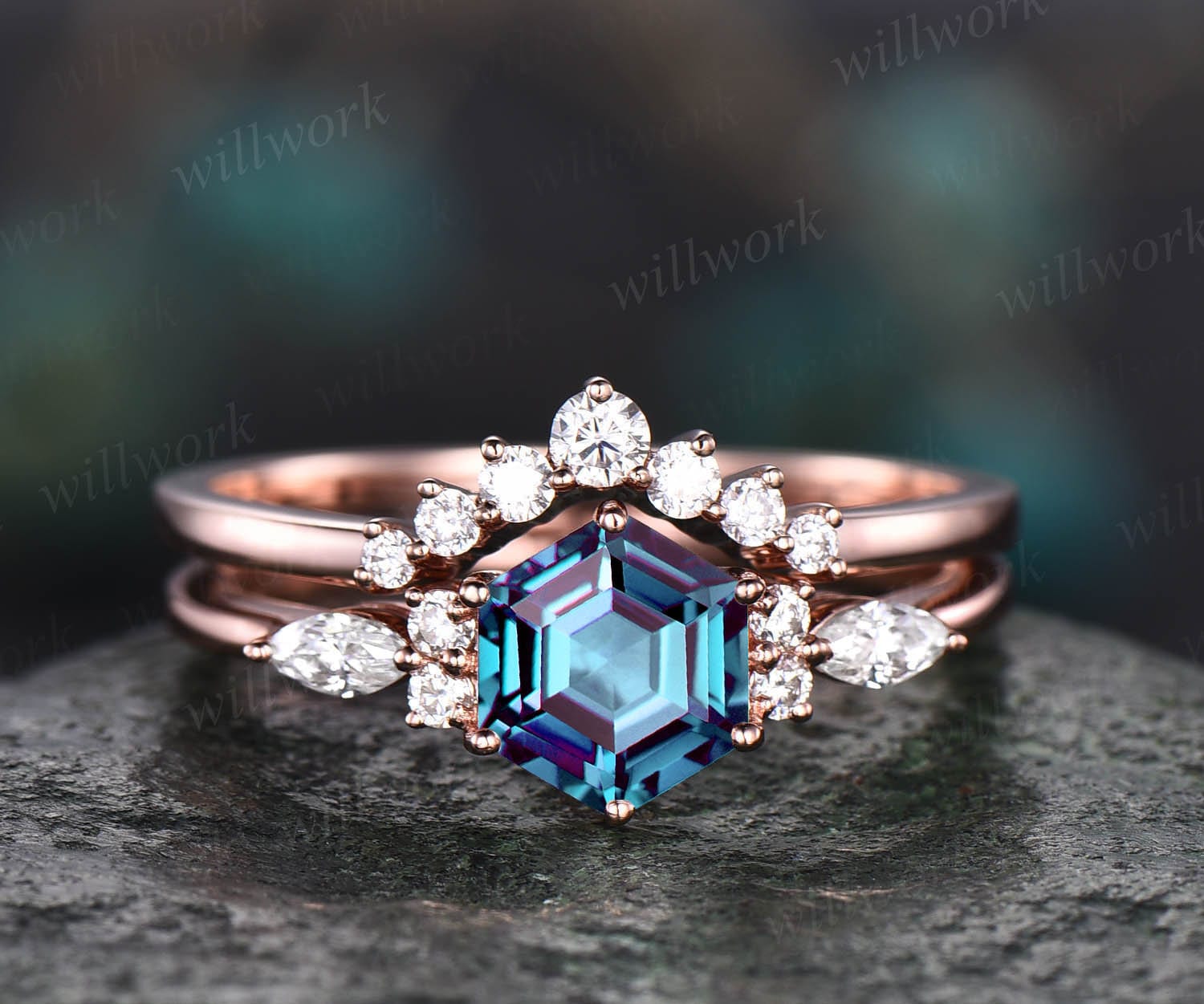 Farbwechsel Alexandrit Ring Set Für Frauen Hexagon Verlobungsring Vintage Art Deco Rosegold Moissanit Ehering von willwork