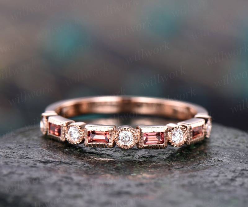 Granat Diamant Ehering Band 14K Roségold Ring Vintage Stapeln Halbe Ewigkeit Passende Prinzessin Cut Versprechen von willwork