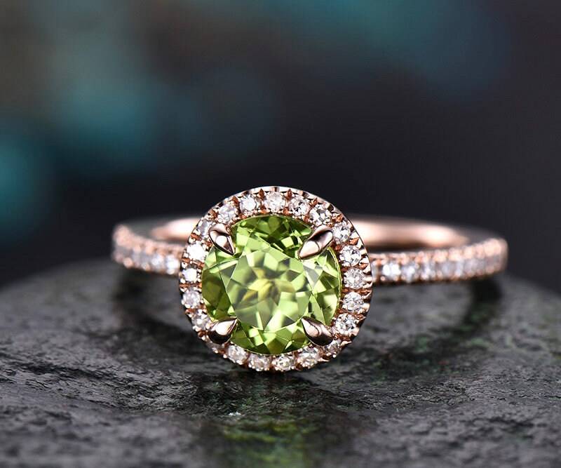 Grüne Natürliche Peridot Verlobungring-Solid 14 K Rose Gold-Handgemachte Diamant Braut Ring-stacking Band-Runde Versprechen Ring Halo von willwork