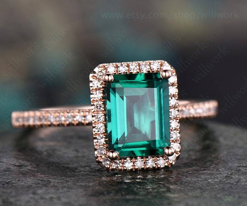 Grüne Smaragd Verlobungsring 14 K Rose Gold Handgemachte Ring Vintage Diamant Halo Stapeln Band Braut Versprechen Lab von willwork