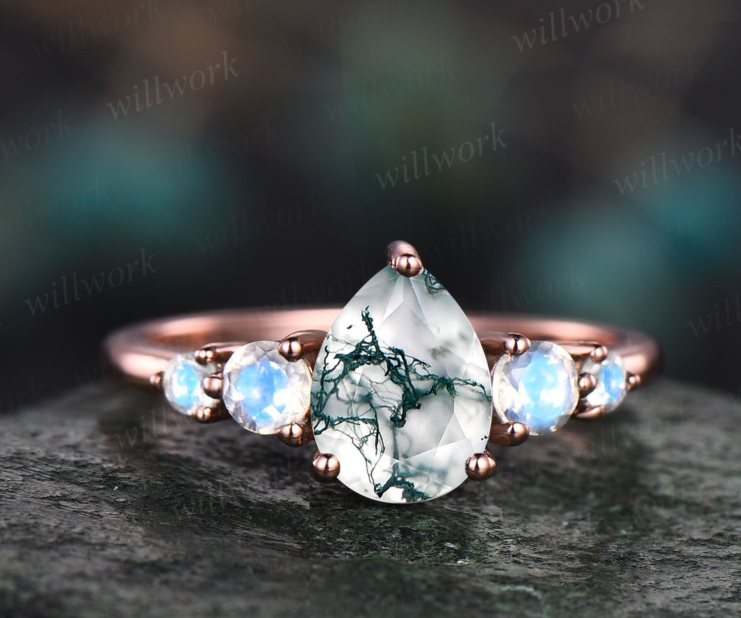 Grüner Moos Achat Ring Minimalistisch Vintage Birne Verlobungsring Fünf Stein Mondstein Für Frauen 14K Roségold Sterling Silber von willwork