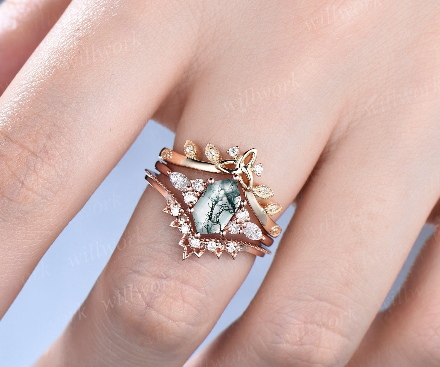 Grüner Moos Achat Ring Set Vintage Lange Hexagon Schliff Verlobungsring Diamant Roségold Unikat Jubiläum Damen Grüner Moos Achat Ring Set Vintage Lange Hexagon Schliff Verlobungsring Diamant Roségold Unikat Jubiläum Damen von willwork