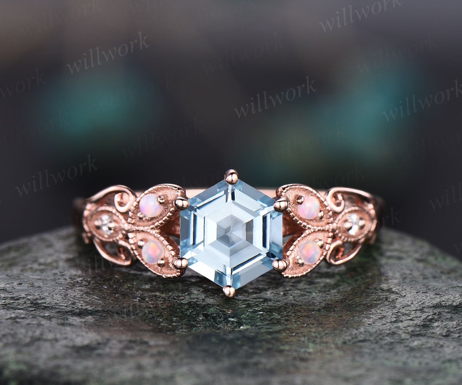Hexagon Aquamarin Ring Gold Silber Für Frauen Vintage Unikat Verlobungsring Schmetterling Art Deco Antiker Opal Diamant Ehering von willwork