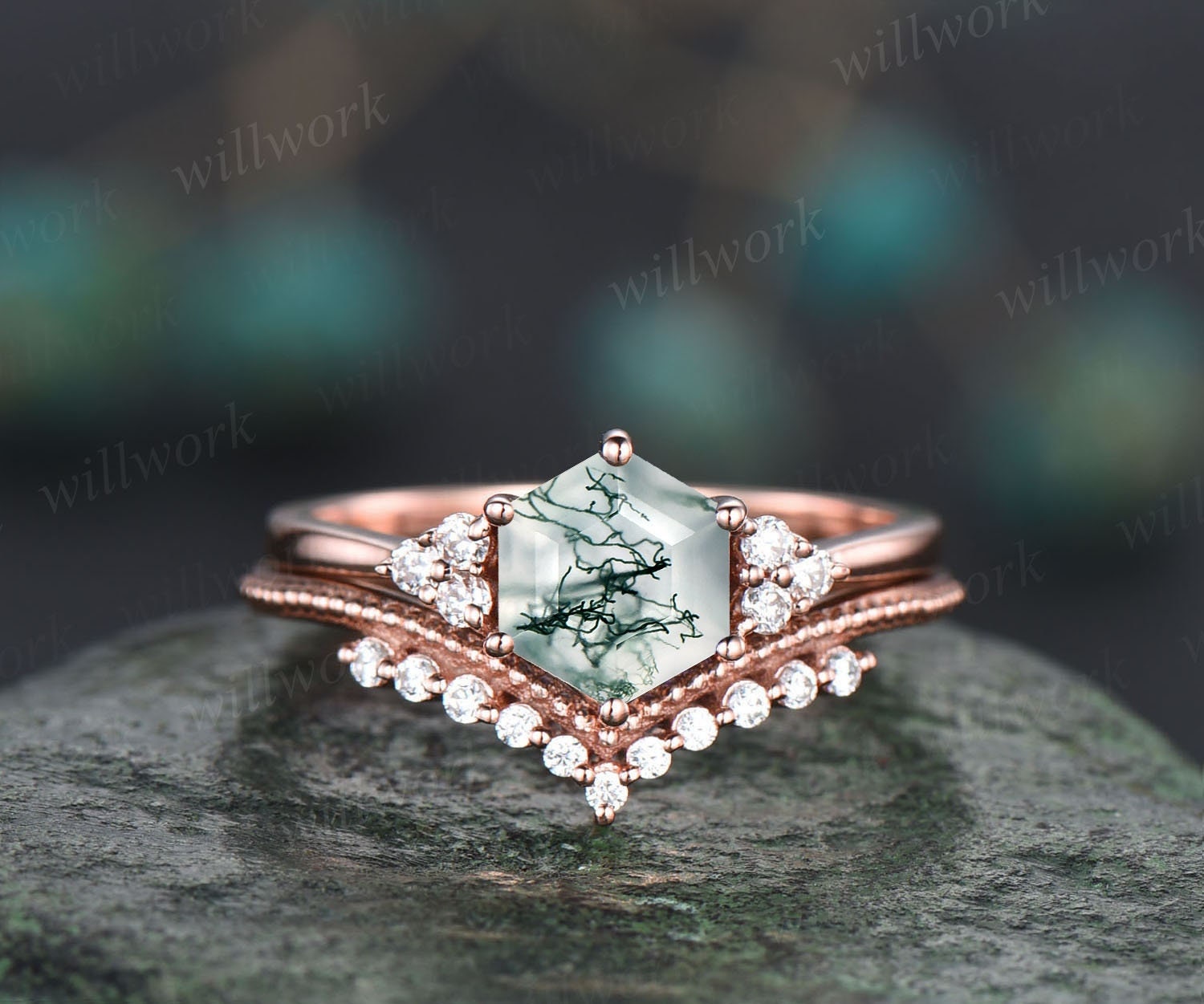 Hexagon Cut Grüner Moosachat Ring Roségold Silber Vintage Einzigartiges Verlobungsring Set Sechs Krappen Zierlicher Moissanit Brautring Für Frauen von willwork