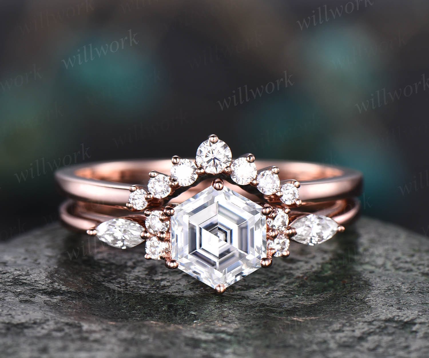 Hexagon Moissanit Verlobungsring Set Rosegold Art Deco Ehering Marquise Ring Fassung Zierliche Brautring von willwork