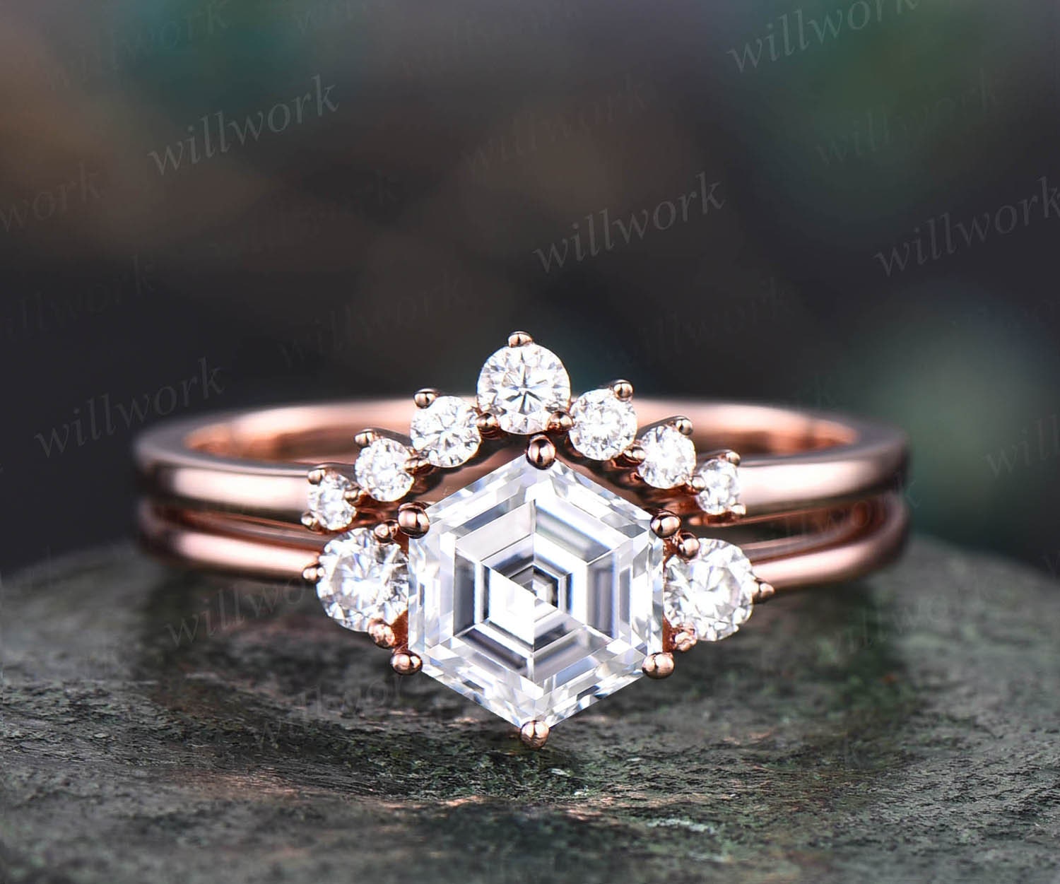 Hexagon Moissanit Verlobungsring Set Rosegold Minimalist Unikat Vintage Drei Stein Für Frauen Versprechen Ehering von willwork