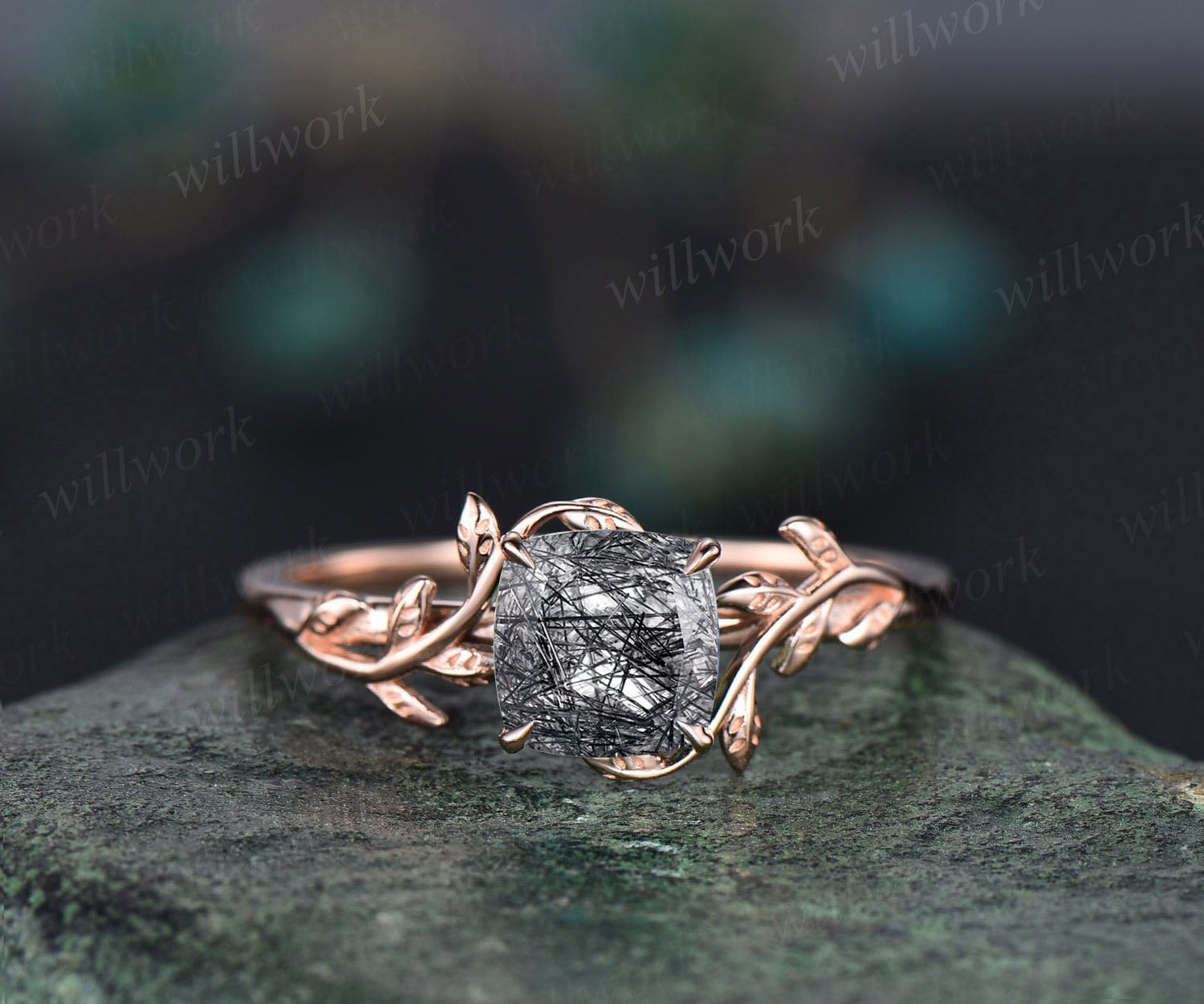 Kissenschliff Schwarz Rutilquarz Ring Vintage Unikat Natur Inspiriert Verlobungsring Blatt 14K Rosegold Art Deco Braut Ehering Frauen von willwork