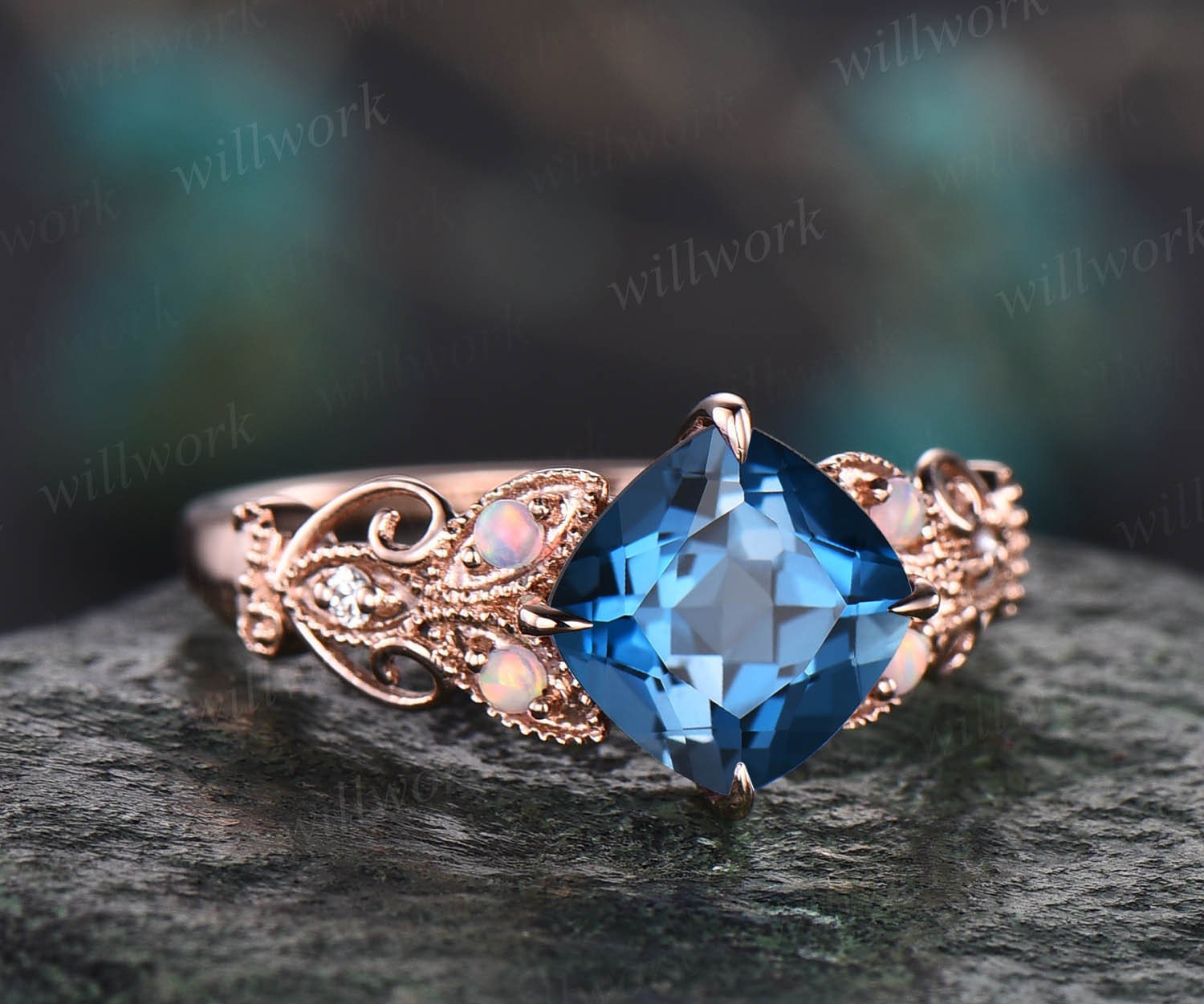 Kissenschnitt London Blautopas Verlobungsring 14K Rosegold Schmetterling Blume Unikat Opal Diamant Ring Für Frauen Ehering von willwork