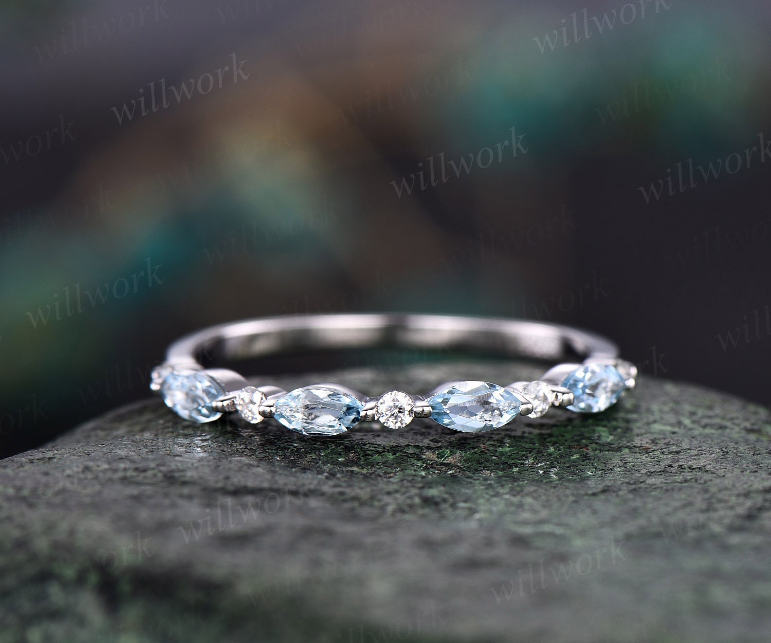 Aquamarin Marquiseschnitt Art Deco Aquamarinring Diamant Ehering Band 14K Weißgold Jahrestag Brautring Frauen Aquamarin Marquiseschnitt Art Deco Aquamarinring Diamant Ehering Band 14K Weißgold Jahrestag Brautring Frauen von willwork
