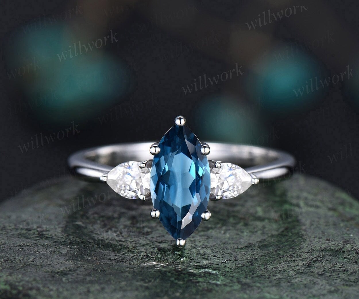 Marquise Cut London Blau Topas Verlobungsring Weiß Gold Vintage Unikat Drei Stein Sechs Anfällig Moissanit Ehering Frauen von willwork