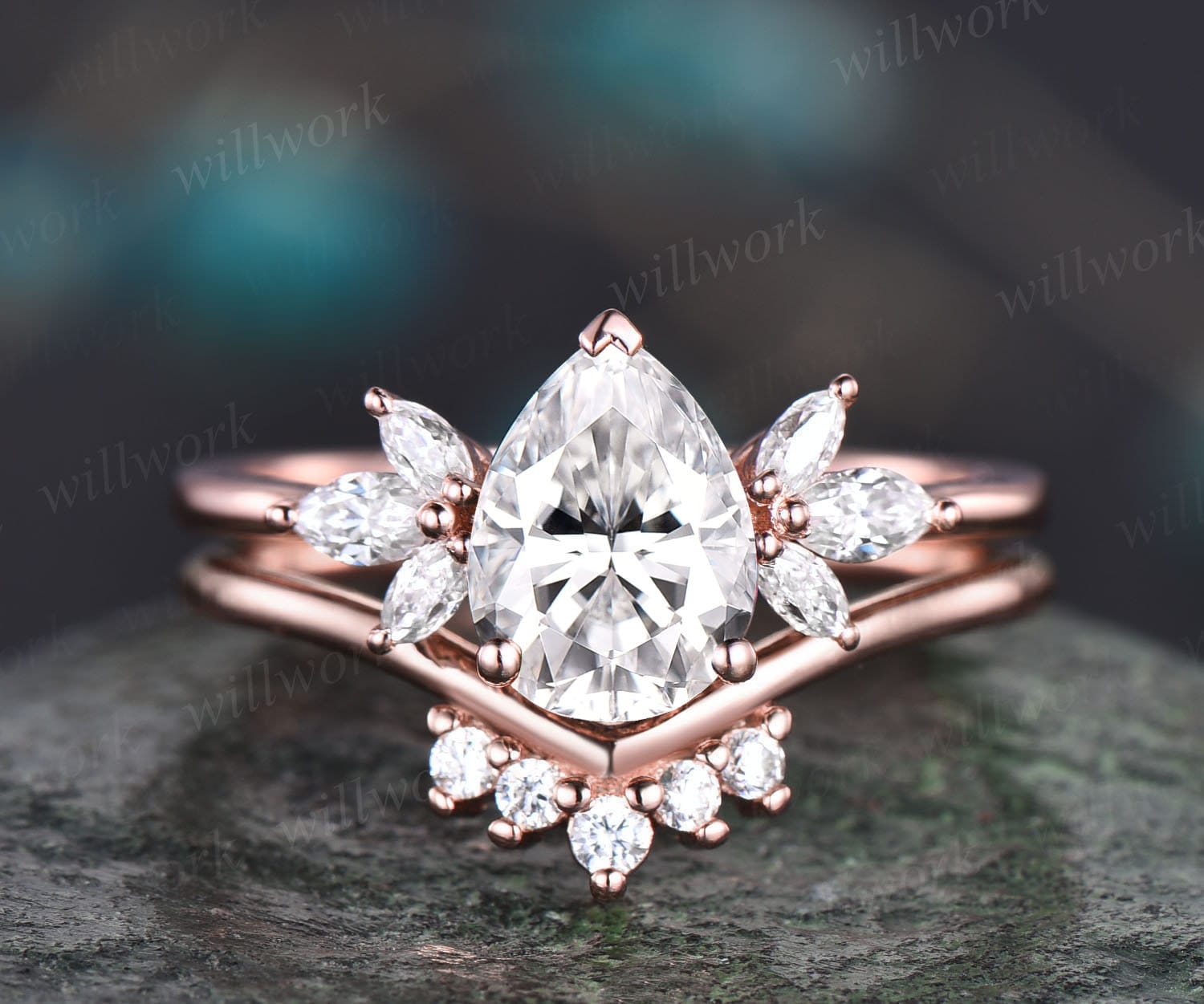 Moissanit Ring Set Pear Shaped Verlobungsring Art Deco Cluster Unikat Roségold Frauen Braut Versprechen von willwork