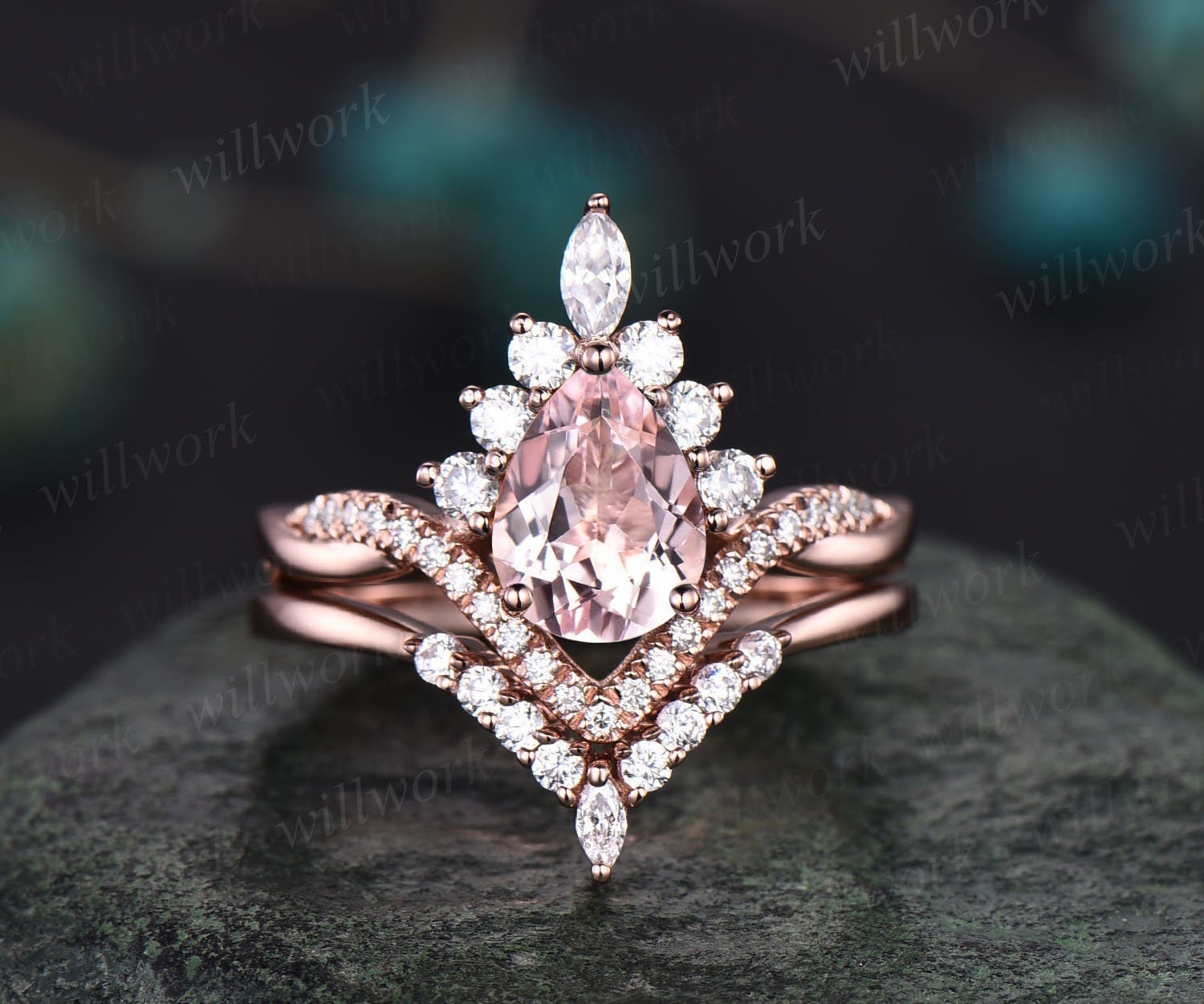 Morganit Ring Set Vintage Roségold Birnenform Rosa Verlobungsring Halo Unikat Verdreht Ehering Frauen von willwork