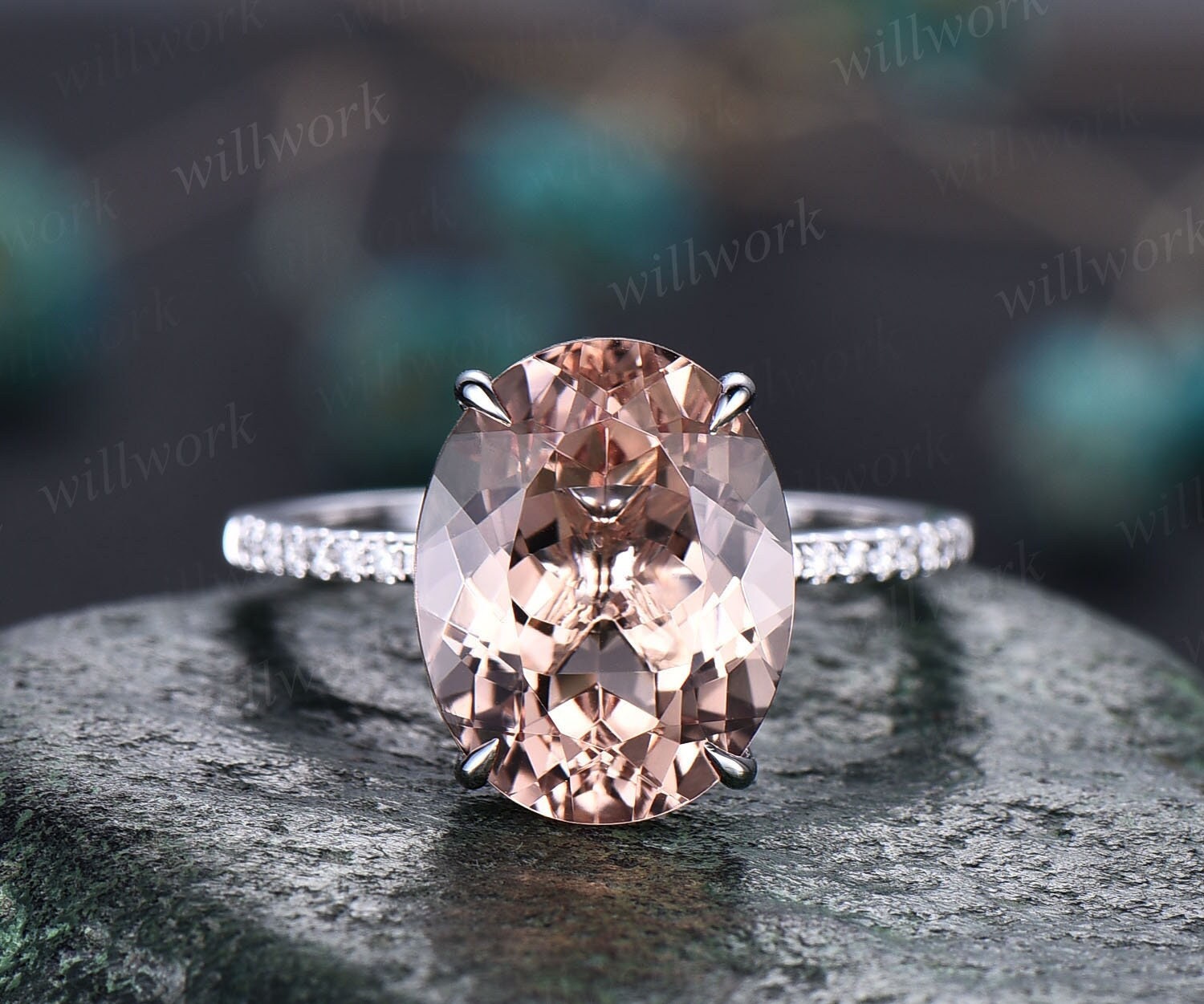 Morganit Ring Vintage Oval Geschliffen Rosa Verlobungsring 14K Weiß Gold Halb Ewigkeit Diamant Versprechen Ehering Frauen Schmuck von willwork