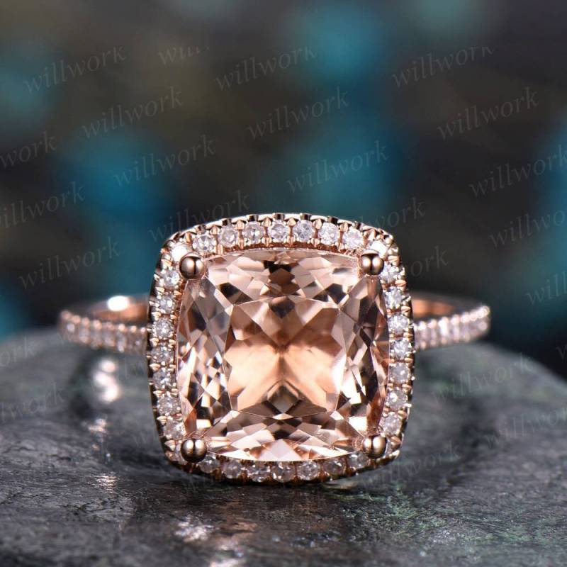 Morganit Verlobungsring Roségold - Solid 14K Goldring Echter Diamant Ring 8 Mm Kissen Edelstein Versprechen Brautring Halo Band von willwork